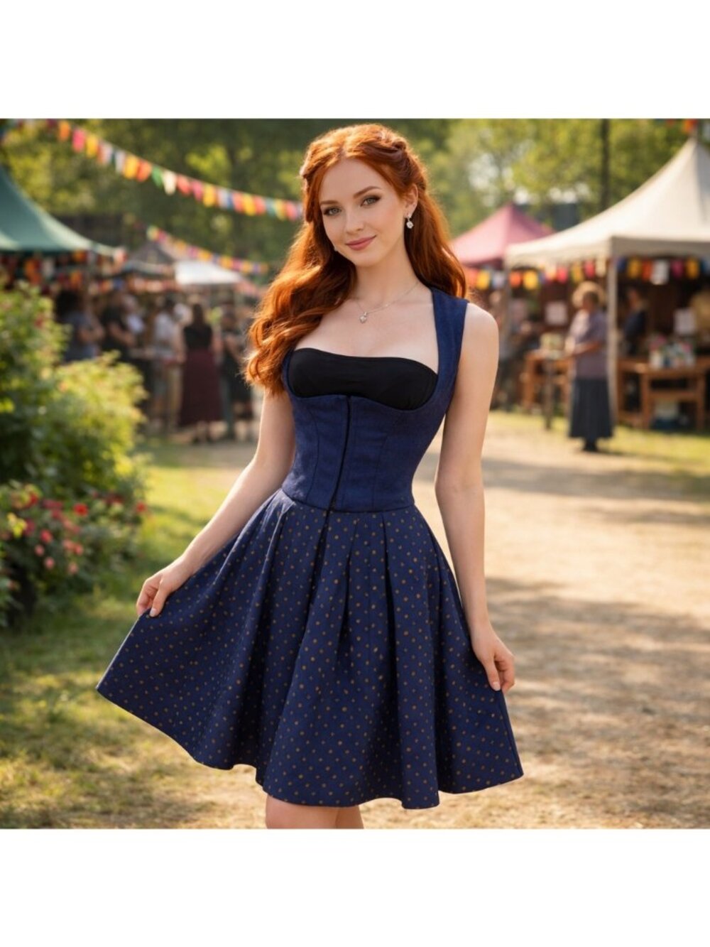 Wallach Munchen Dirndl Dress Blue Women Short Vintage A-Line Waist Sleeveless XS